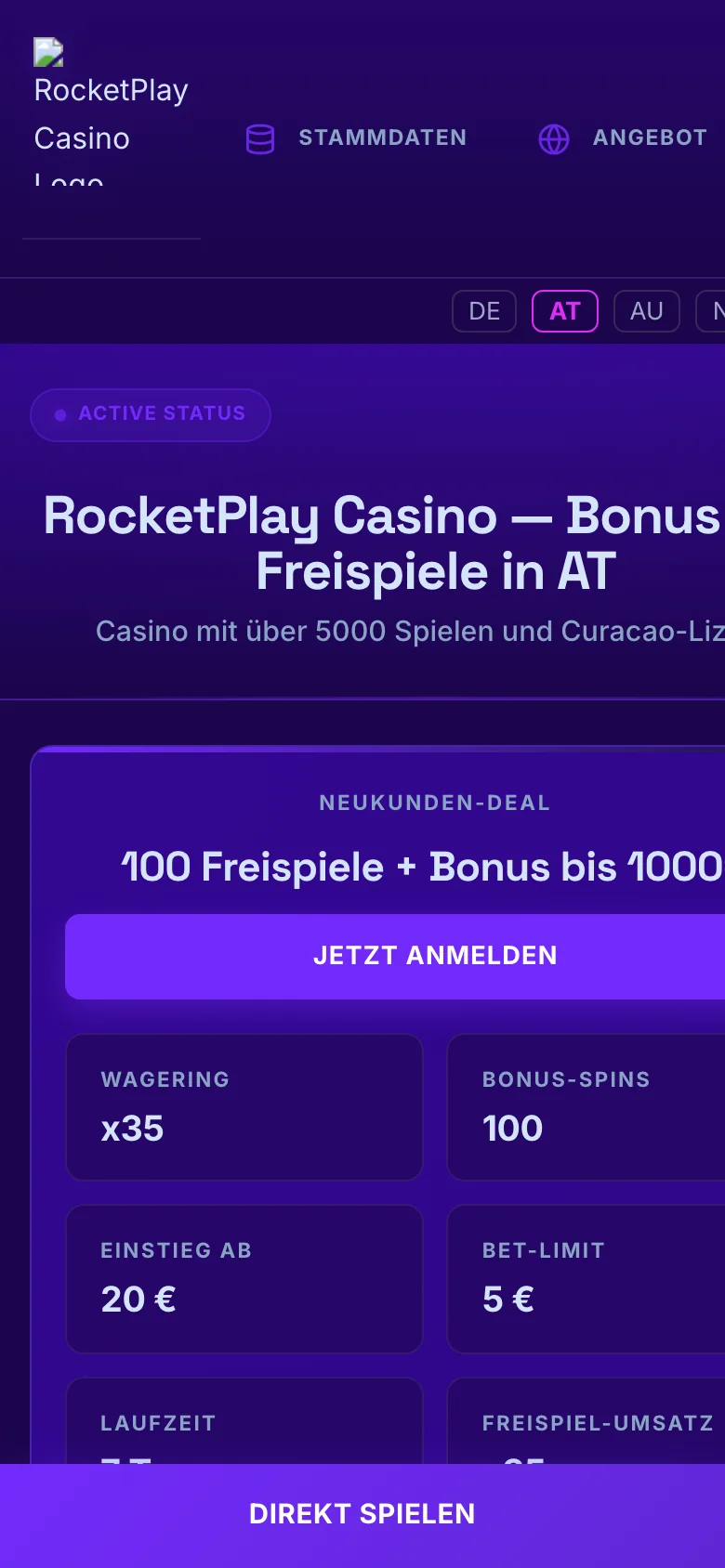 RocketPlay Casino mobile lobby screenshot
