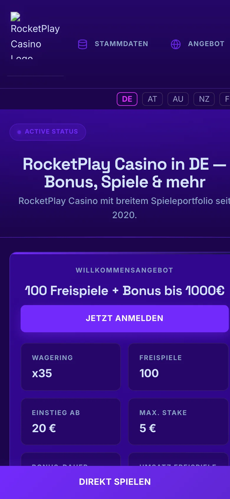 RocketPlay Casino mobile lobby screenshot